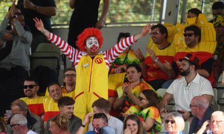 A fan dressed as Ronald McDonald at T20 Finals Day