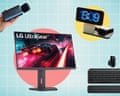 product photos of computer monitor, keyboard, charging stand and docking station against turquoise background