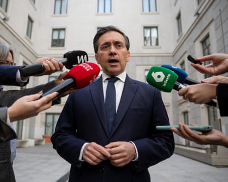 Spanish foreign minister, José Manuel Albares, talks to media.