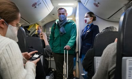 Navalny boarding a plane on journey back to Moscow in 2021.