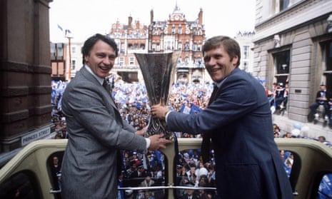 Bobby Robson and his assistant Bobby Ferguson show off the Uefa Cup to fans in Ipswich.