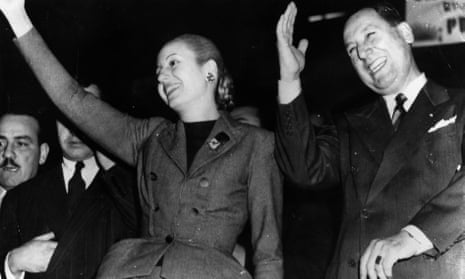 President Juan Perón and his wife, Eva, wave to a demonstration in their honour in Buenos Aires.