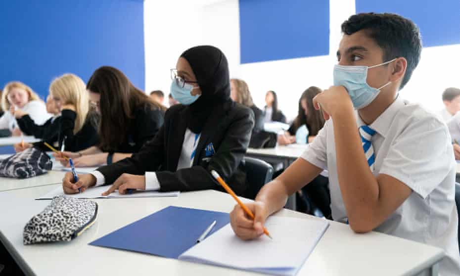 Children wear masks in class at Llanishen High School in Cardiff