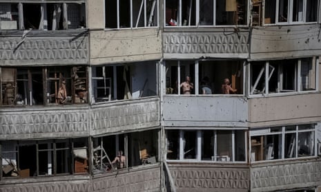 The view of an apartment building damaged during a massive Russian drone strike in Odesa, Ukraine.