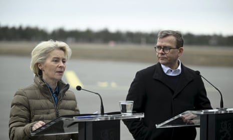President of the European Commission Ursula von der Leyen (L) and Finnish Prime Minister Petter Orpo react during their joint press conference at the Lappeenranta airport, eastern Finland.