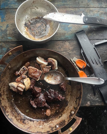 Stew in metal camping bowls
