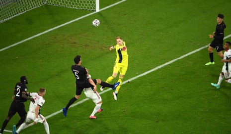 Hungarian goalkeeper Peter Gulacsi fails to connect with a cross.