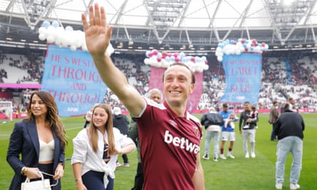 Mark Noble waves to West Ham’s fans after his last home game as a player, against Manchester City in May