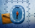 Illustration shows a single worker through a submarine window, with a mock-up of an SSN-Aukus submarine