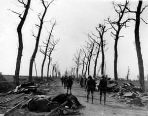 A scene on the Menin Road beyond Ypres, Belgium. It was reported that the loss of horses, injured especially to shell fire, that required them to be immediately put down was most distressing to their responsible soldiers.