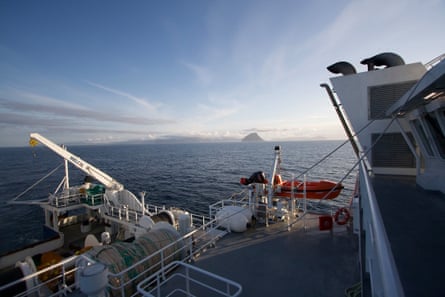 View out to sea off a ship’s deck.