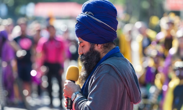 A Sikh leader speaks at the Notting Hill Carnival, London, 2017