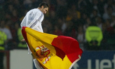 Raúl celebrates after helping Real Madrid win the Champions League at Hampden Park in 2002. He won three European Cups and six La Liga titles during his 16 years at the Santiago Bernabéu
