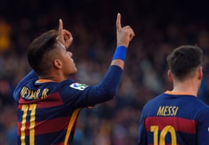 Neymar celebrates after scoring his 50th La Liga goal.