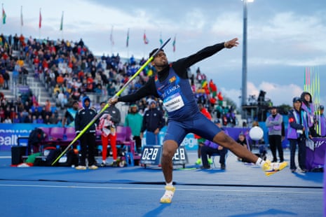 Sri Lanka’s Rumesh Tharanga leads the men’s javelin final.