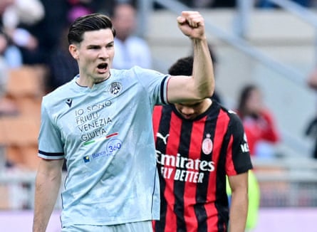 Jurgen Ekkelenkamp celebrates scoring Udinese’s second against Milan
