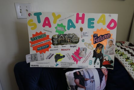 posterboard with big letters saying ‘stay ahead’, above a collage of inspirational quotes and pictures of people, a house, a wedding cake and more