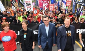 (L-R) Lisa Fitzpatrick from the national nurses union, ACTU secretary Sally McManus, Victorian premier Daniel Andrews and Luke Hilakari, Trades Hall secretary at the ‘Change the Rules’ rally in Melbourne, 23 October 2018.