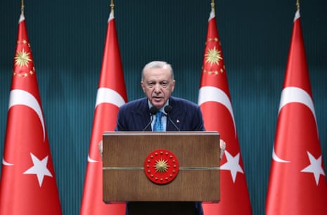 Turkish President Tayyip Erdogan speaks during a press conference following a cabinet meeting in Ankara, Turkey, on Sunday