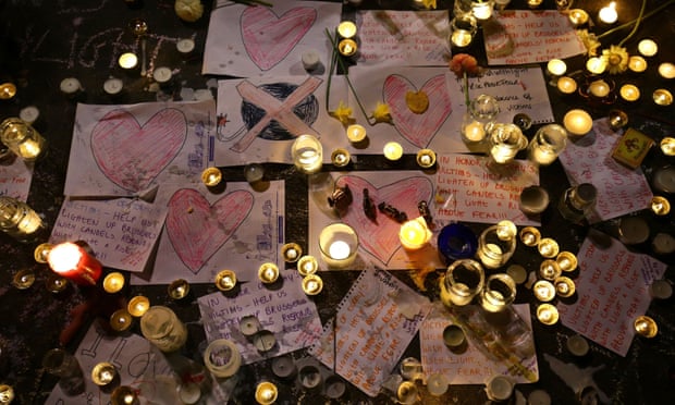 Messages and tributes left by members of the public at the Place de la Bourse in Brussels following the terrorist attacks. Photograph: Gareth Fuller/PA https://i.guim.co.uk/img/media/e48a7490959da5671230e030a876830e09c5a16f/0_103_3500_2100/master/3500.jpg?w=620&q=55&auto=format&usm=12&fit=max&s=72bd46fe34a8e33810f798f20f7f7a8f