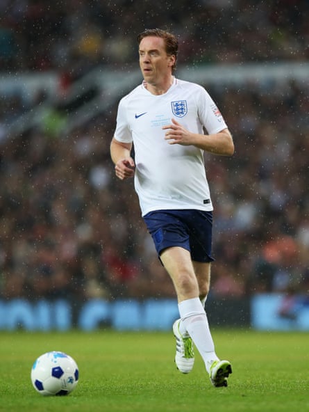 Damian Lewis playing for England in a Soccer Aid match in 2018.