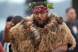 A Maori warrior takes part in the New Zealand Navy parade