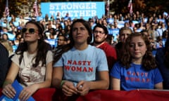 Hillary Clinton Campaigns Across US One Day Ahead Of Presidential Election<br>PITTSBURGH, PA - NOVEMBER 07: Supporters look on as Democratic presidential nominee former Secretary of State Hillary Clinton speaks during a campaign rally on November 7, 2016 in Pittsburgh, Pennsylvania. With one day to go until election day, Hillary Clinton is campaigning in Pennsylvania, Michigan and North Carolina. (Photo by Justin Sullivan/Getty Images)