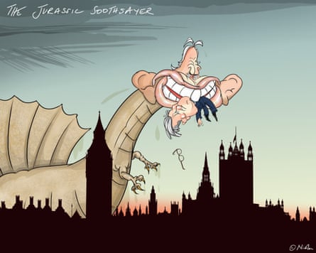 Tony Blair depicted as a dinosaur with Keir Starmer in his mouth, below the words ‘the Jurassic soothsayer’
