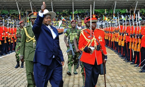 Yoweri Museveni gestures during his inauguration in Kampala