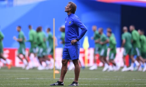 Herve Renard attends a training session at Saint Petersburg Stadium ahead of Morocco’s World Cup opener against Iran