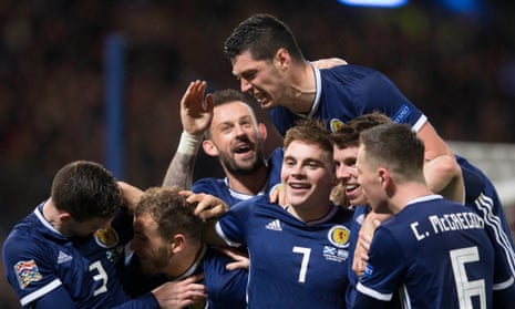 Scotland’s James Forrest celebrates his hat-trick in the Nations League decider against Israel