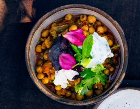 Looking chic: spiced aubergine with chickpeas.