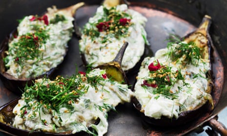 Stuffed aubergine with labneh and cucumber.
