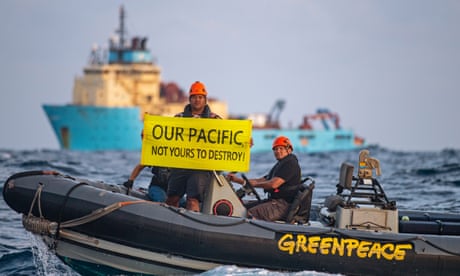 A Greenpeace activist from Fiji protesting in front of the Maersk Launcher, a ship chartered by TMC, one of the companies spearheading the drive to mine the Pacific’s Clarion Clipperton zone, with its barely understood deep-sea ecosystem. 