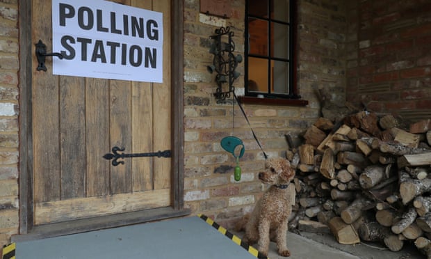 A dog waits outside a polling station in a guest house annex in Dogmersfield, Hampshire