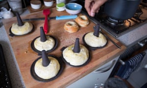 Prepping the bagels.