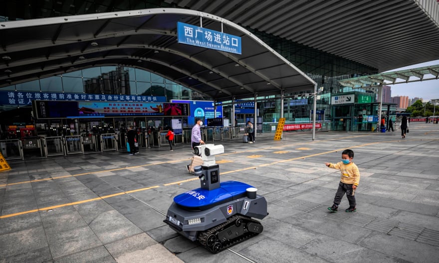A police robot enforcing coronavirus rules in Shenzhen, China in March 2020.
