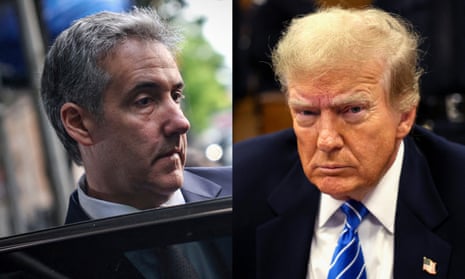 Michael Cohen leaves his apartment to head to court for Donald Trump's trial in New York on 13 May 2024. Donald Trump sits in court in New York on 13 May 2024.