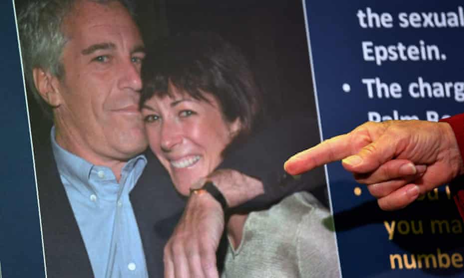 Audrey Strauss, acting US attorney for the southern district of New York, points to an image of Ghislaine Maxwell and Jeffrey Epstein in July 2020. 