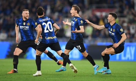 Nicolò Barella celebrates after his stunning goal opened the scoring for Inter against Juventus