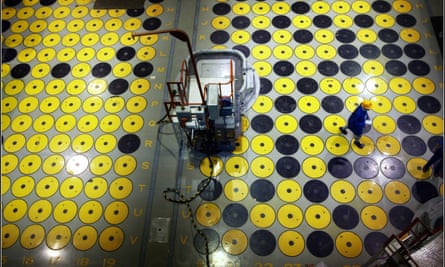 Flasks of nuclear waste in the vitrified product store at Sellafield in 2003. Yellow circles denote full flasks, black are empty.