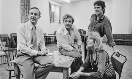 Michael Blakemore, left, with cast members of Noël Coward’s Design for Living at the Phoenix theatre, London, in 1973 – Vanessa Redgrave, right, with Jeremy Brett, standing, and John Stride