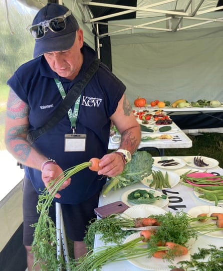 Jerry Spencer inspecting the leaves of a carrot.