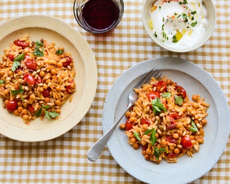 harissa-spiked orzo with chickpeas and pine nuts and Greek yoghurt