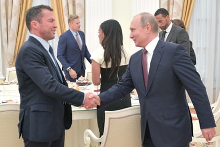 Lothar Matthäus shakes hands with Russia’s president Vladimir Putin during a meeting with former players at the Kremlin.