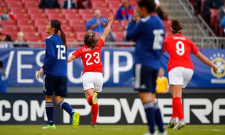 Lucy Staniforth celebrates scoring Japan in the SheBelieves Cup.