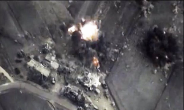 An image from the Russian Defense Ministry web site shows the impact of an airstrike in Syria.