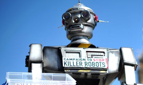 A mock “killer robot” pictured in central London during the launching of a campaign to stop “Killer Robots” which calls for the ban of lethal robot weapons that would be able to select and attack targets without any human intervention. 