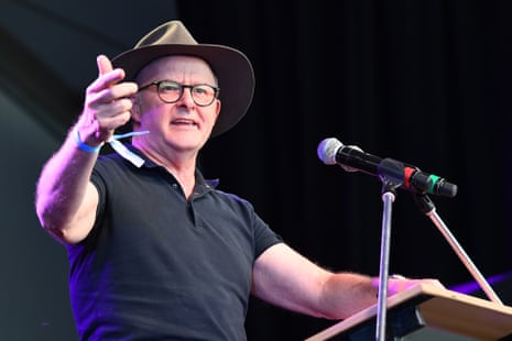 Anthony Albanese gives a speech at the Woodford Folk Festival in Queensland on Wednesday.