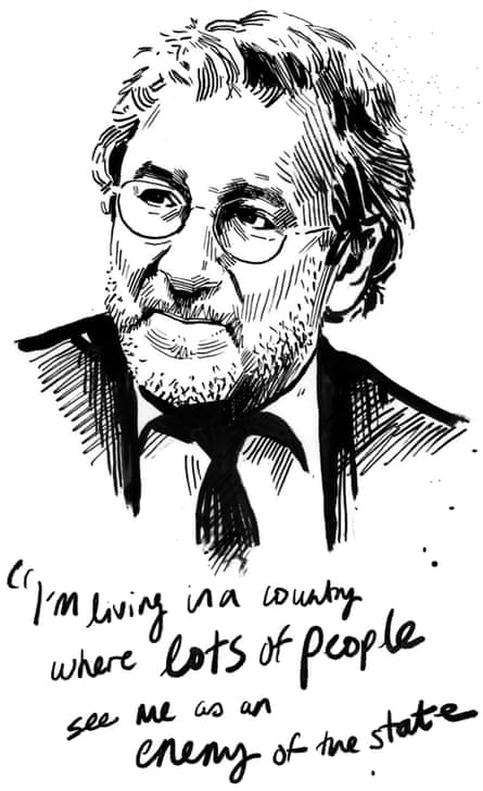 A line drawing of Can Dündar with a quote underneath in handwriting which reads: “I’m living in a country where lots of people see me as an enemy of the state”